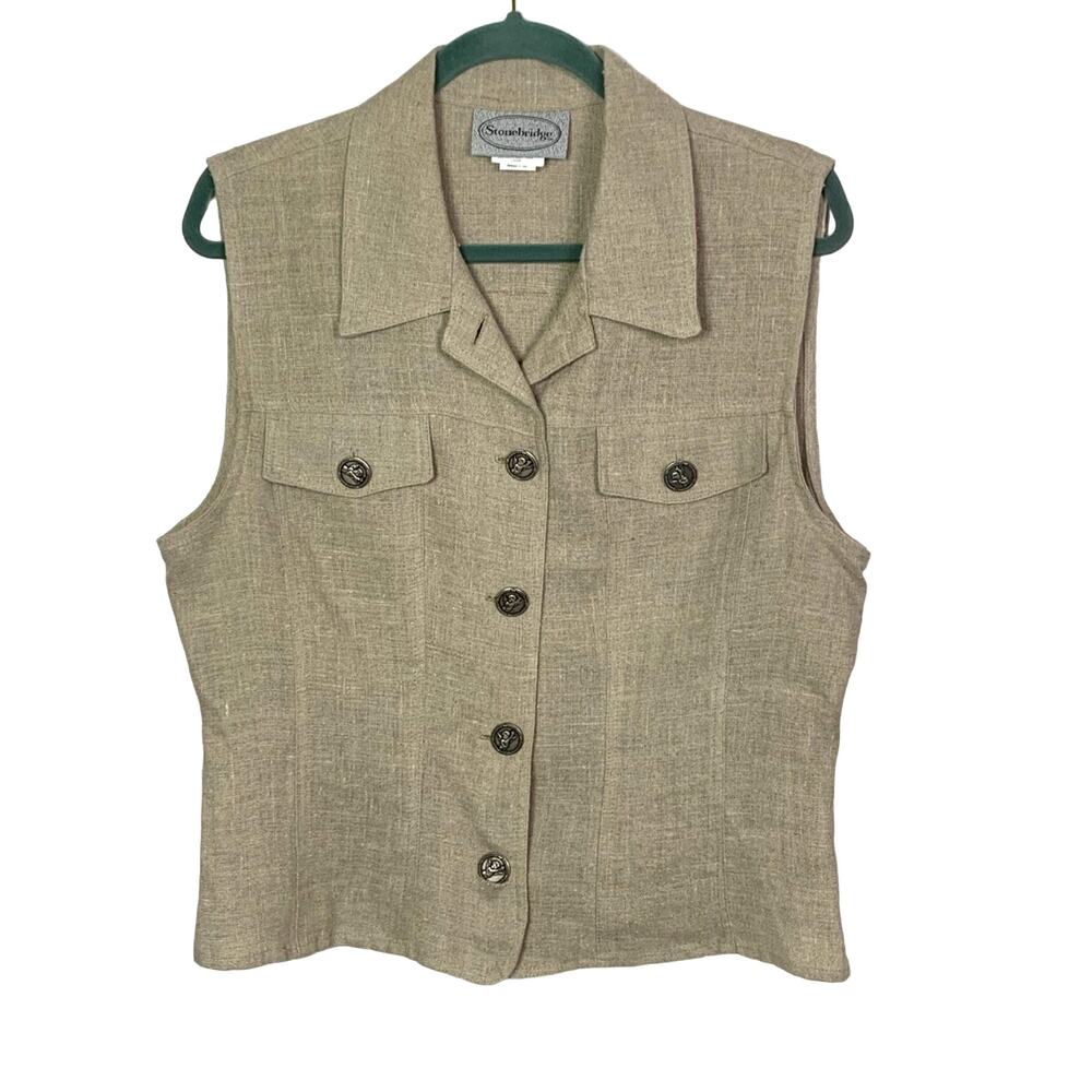Vintage 100% Linen Vest Metal Buttons, Size L